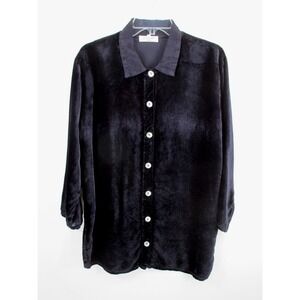 A LA MODE Black Velvet Tunic Blouse Lagenlook Embroidered Collar Womens Large